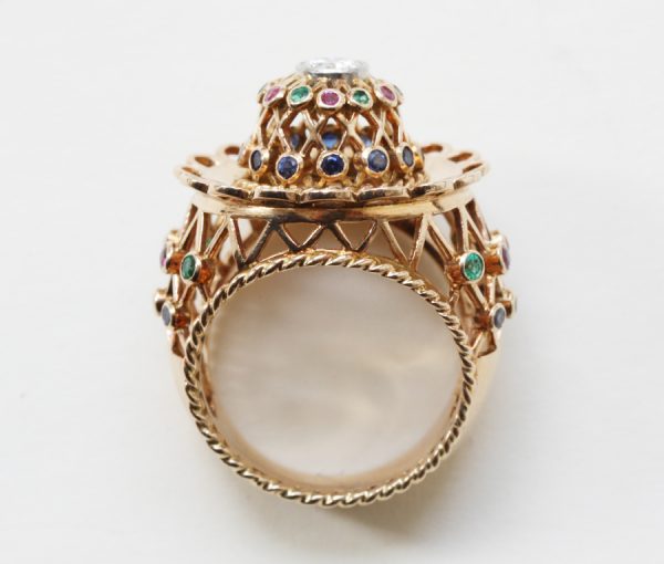 large gold and gemset cage dress ring