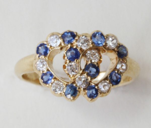 diamond and sapphire double heart ring
