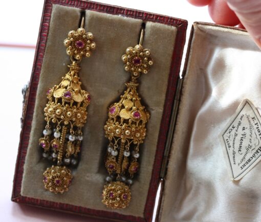 filligree gold ruby and pearl earrings in Indian taste