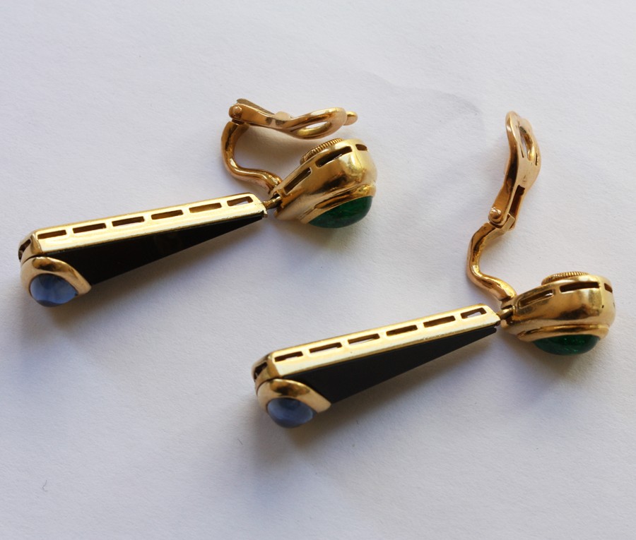 emerald and sapphire earclips "Troc"