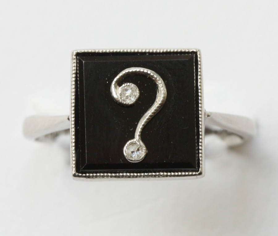 platinum onyx and diamond question mark ring