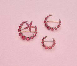 3 garnet moon and star brooches