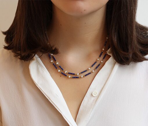 gold lond chain with pearls and enamel