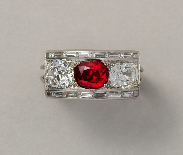 platinum diamond and ruby Art Deco ring