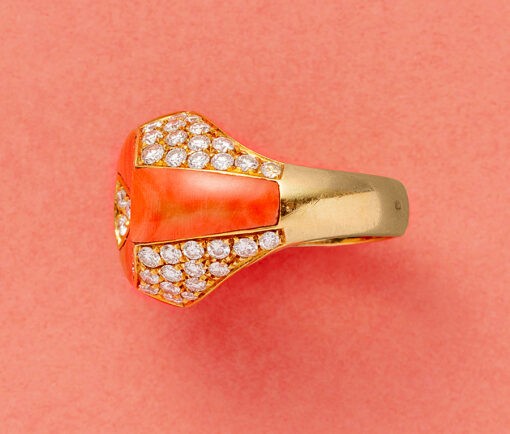 18 carat gold coral and diamond ring by Fred Paris