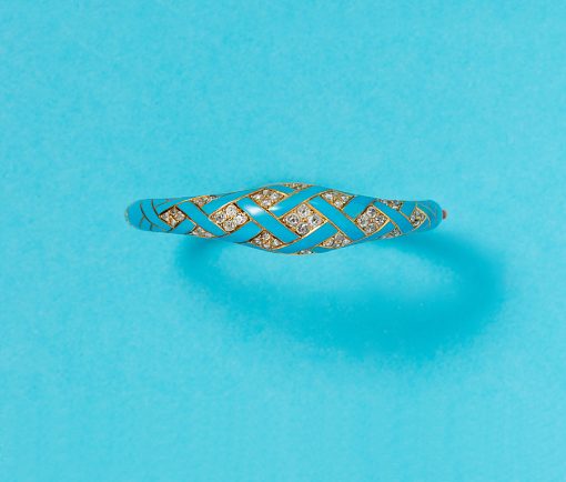 gold bangle with blue enamel and diamonds