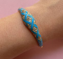 gold bangle with blue enamel and diamonds