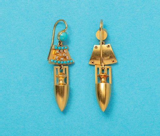 Egyptian revival gold turquoise and diamond amphora earrings