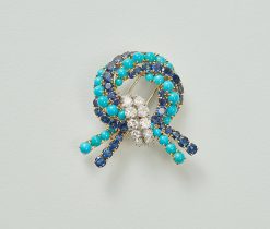 gold diamond turquoise and sapphire knot brooch