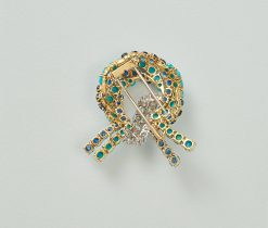 gold diamond turquoise and sapphire knot brooch