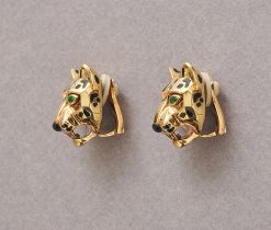 A pair of 18k gold earrings in the shape of panther heads with navette-cut emerald eyes and lacquered spots, signed and numbered: Cartier, 681245, maker’s mark: Société Galbert 1980–2007, model: Massai Pan. weight: 27.36 g dimensions: 2.1 x 1.9 x 1.3 cm